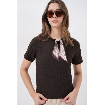 Kadın Kısa Kol Fularlı Örme Bluz 981 - Kahverengi