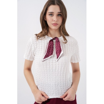Kadın Kısa Kol Fularlı Örme Bluz 981 - Beyaz