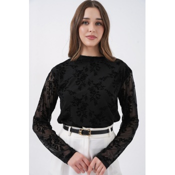 Kadın Desenli Uzun Kol Bluz 983 - Siyah