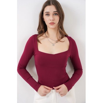 Kadın Kare Yaka Slim Fit Bluz 986 - Bordo