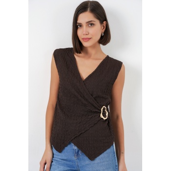 Kadın Sıfır Kol Örme Bluz 988 - Kahverengi