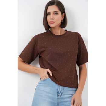 Kadın Taş Detaylı Tişört 990 - Kahverengi