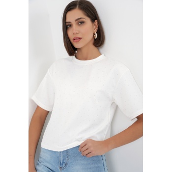 Kadın Taş Detaylı Tişört 990 - Beyaz