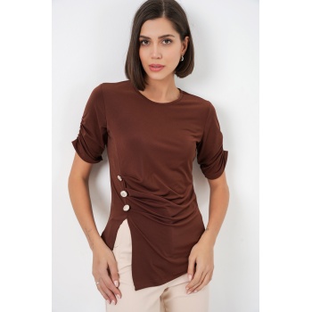 Kadın Düğme Detaylı Sandy Bluz 992 - Kahverengi