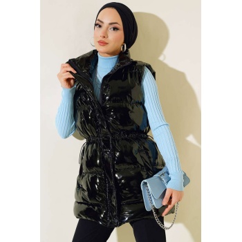 T10233 Kapüşonlu Uzun Tesettür Yelek - Siyah