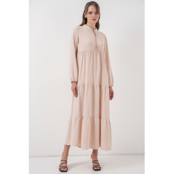 T1627 Yaka Bağcıklı Elbise - C. Bej