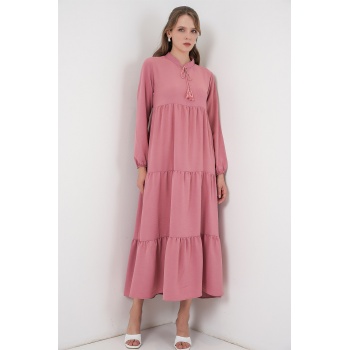 T1627 Yaka Bağcıklı Elbise - Gül Kurusu