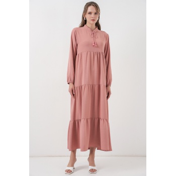 T1627 Yaka Bağcıklı Elbise - Pudra