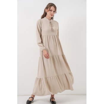 T1627 Yaka Bağcıklı Elbise - Taş