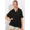 Kadın Siyah Oversize Polo Yaka Örme Bluz 0486