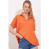 Kadın Turuncu Oversize Polo Yaka Örme Bluz 0486