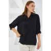 Kadın Siyah Gömlek Yaka Saten Bluz 0493