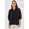 Kadın Siyah Gömlek Yaka Saten Bluz 0493