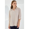 Kadın Krem Gömlek Yaka Saten Bluz 0493