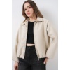 Kadın Büzgülü Oversize Kaşe Ceket 0728 - Ekru