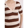 Kadın Kahve Krem Çizgili Kısa Kol Bluz 15869