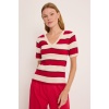 Kadın V Yaka Kırmızı Beyaz Çizgili Bluz 15869