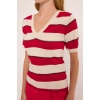 Kadın V Yaka Kırmızı Beyaz Çizgili Bluz 15869