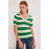 Kadın V Yaka Yeşil Beyaz Çizgili Bluz 15869