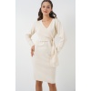 Kadın Kruvaze Yaka Triko Elbise 15928 - Ekru