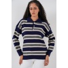 Kadın Çizgili Polo Yaka Triko Kazak 15952 - Lacivert