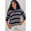 Kadın Çizgili Polo Yaka Triko Kazak 15952 - Lacivert