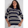 Kadın Çizgili Polo Yaka Triko Kazak 15952 - Lacivert