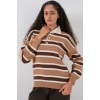 Kadın Çizgili Polo Yaka Triko Kazak 15952 - Vizon