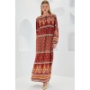 Kadın Kiremit Bej Desenli Uzun Viskon Elbise 1947