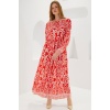Kadın Kırmızı Desenli Uzun Viskon Elbise 1947