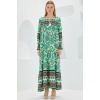 Kadın Yeşil Kırmızı Desenli Uzun Viskon Elbise 1947