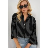 Kadın Çizgili Oversize Kısa Gömlek 20326 - Siyah