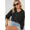 Kadın Çizgili Oversize Kısa Gömlek 20326 - Siyah