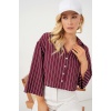 Kadın Çizgili Oversize Kısa Gömlek 20326 - Bordo