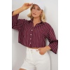 Kadın Çizgili Oversize Kısa Gömlek 20326 - Bordo