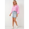 Kadın Çizgili Oversize Kısa Gömlek 20326 - Pembe
