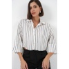 Kadın Çizgili Oversize Kısa Gömlek 20326 - B.Beyaz