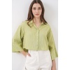 Kadın Çizgili Oversize Kısa Gömlek 20326 - E.Yeşil