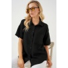 Kadın Kısa Kol Keten Görünümlü Gömlek 20336 - Siyah