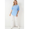 Kadın Kısa Kol Keten Görünümlü Gömlek 20336 - Mavi