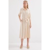 2442 Kuşaklı Gömlek Elbise - Krem