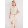 2442 Kuşaklı Gömlek Elbise - Krem