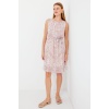 2501 Desenli Sıfır Kol Şifon Elbise - Pembe