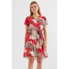 2502 Kısa Kol Desenli Şifon Elbise - Kırmızı