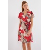 2502 Kısa Kol Desenli Şifon Elbise - Kırmızı