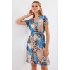 2502 Kısa Kol Desenli Şifon Elbise - Mavi