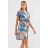 2502 Kısa Kol Desenli Şifon Elbise - Mavi