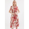 2503 Desenli Sıfır Kol Şifon Elbise - Nar