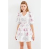 2506 Desenli V Yaka Mini Kloş Elbise - Ekru