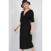2570 Kadın Beli Büzgülü V Yaka Elbise - Siyah